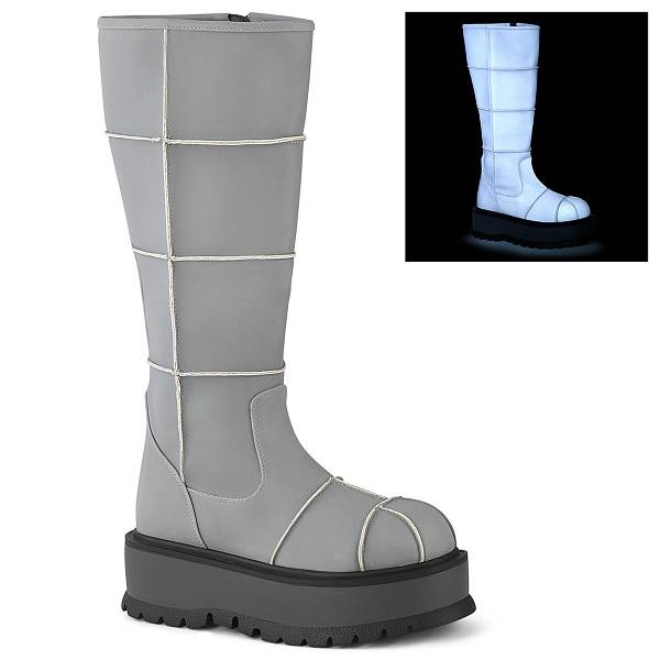 Demonia Women's Slacker-230 Knee High Platform Boots - Gray Reflective Vegan Leather D6375-18US Clearance